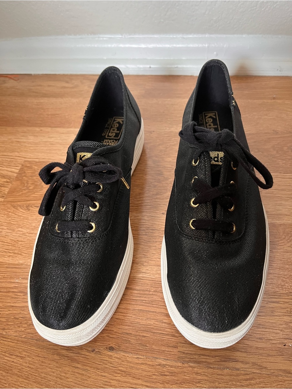 Keds Black Canvas Low-Top Sneakers with Gold Eyelets - Size 8.5
